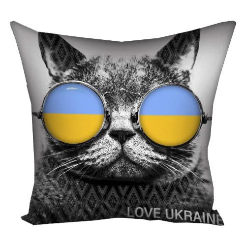 Подушка з принтом габардинова Кот в очках Love Ukraine 50x50 см (5P_UKR098)