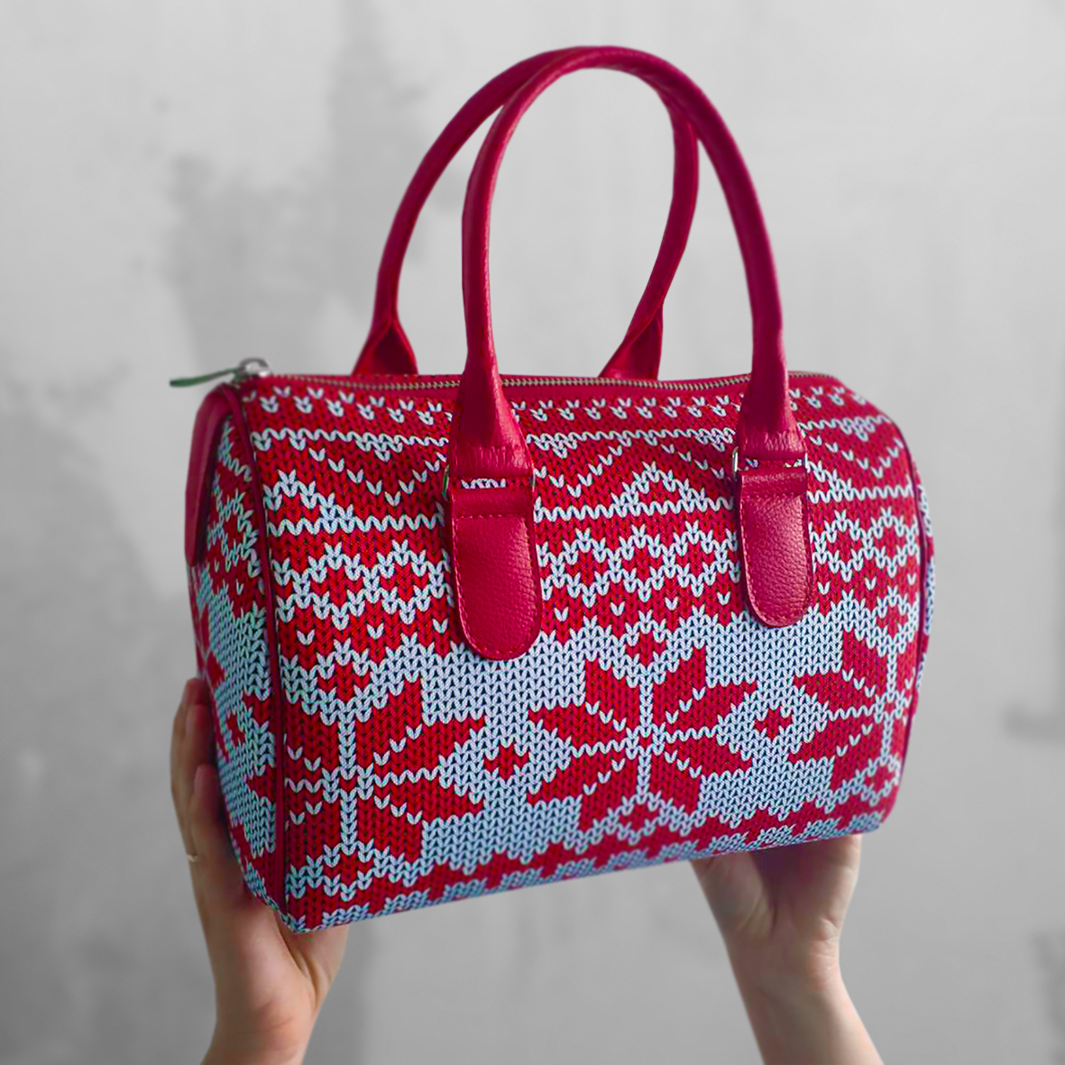 Сумка бочонок Barrel Червоний зимовий орнамент 28x18x17 см (SB_15NGNAS006_KR)